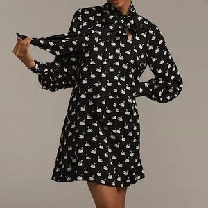 🦢 Anthropologie Caroline Tie-Neck Mini Dress NEW Black Medium Swan Novelty